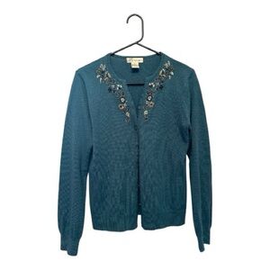 Vintage Y2K Era Dressbarn Embroidered Collar Teal Floral Cardigan Size Small